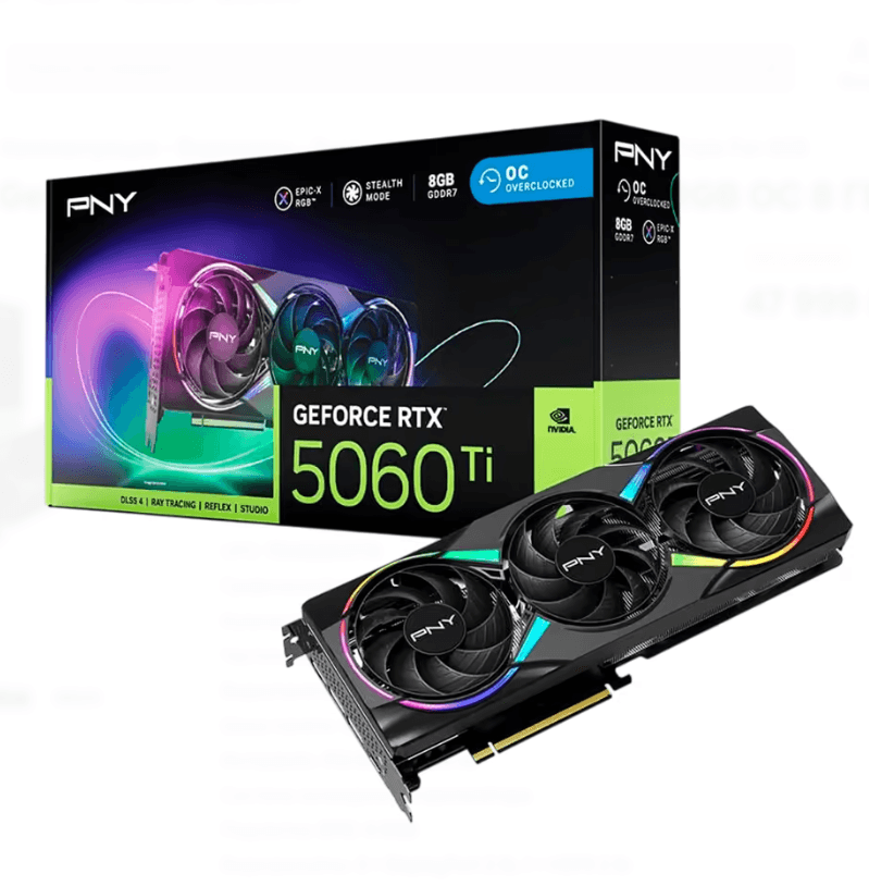Видеокарта GeForce RTX 5060Ti 8Gb PNY Triple Fan EPIC-X RGB OC VCG5060T8TFXXPBW1-O