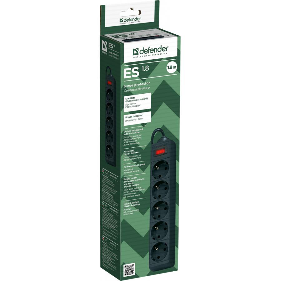 Сетевой фильтр 1,8м Defender ES Black (99484)